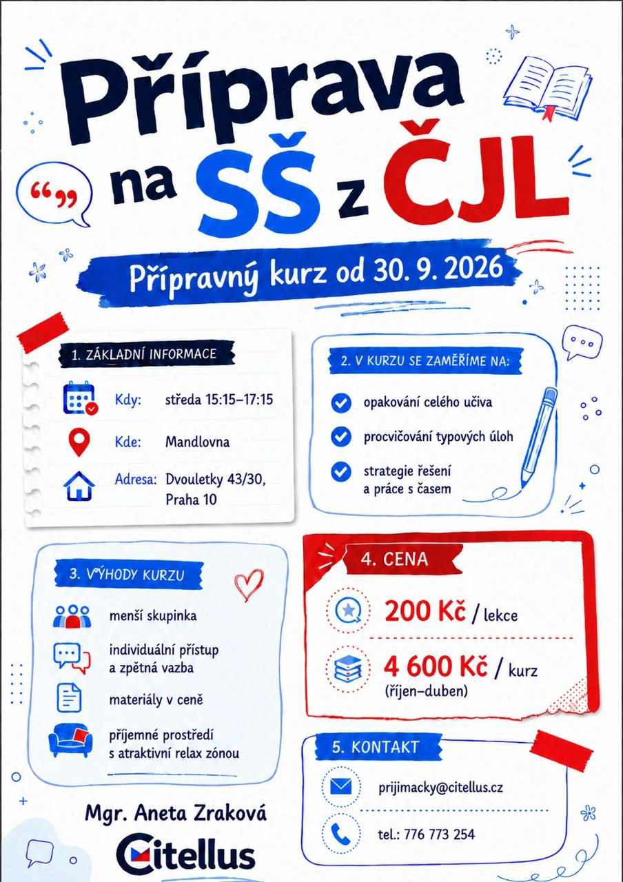 Leták kurzu přípravy na přijímací zkoušky z českého jazyka